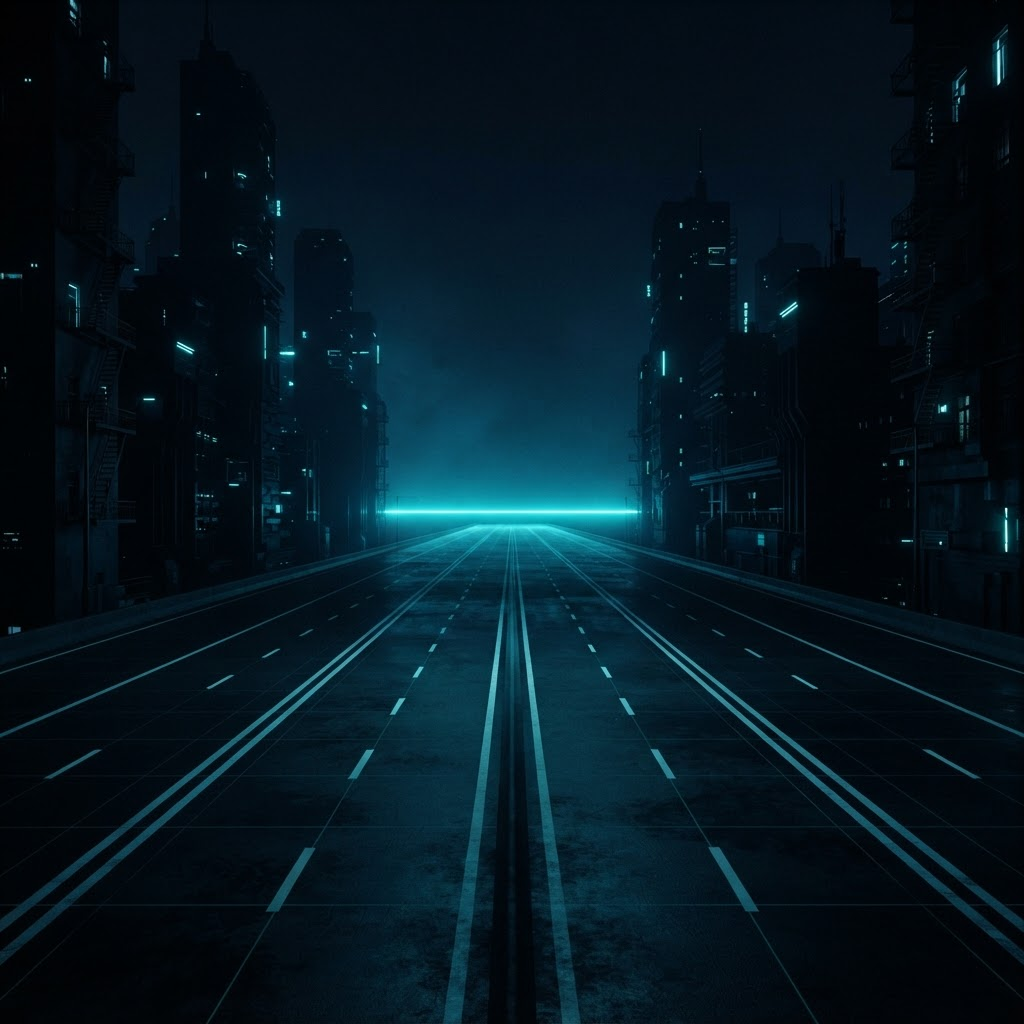 Dark empty highway stretching toward a glowing neon horizon