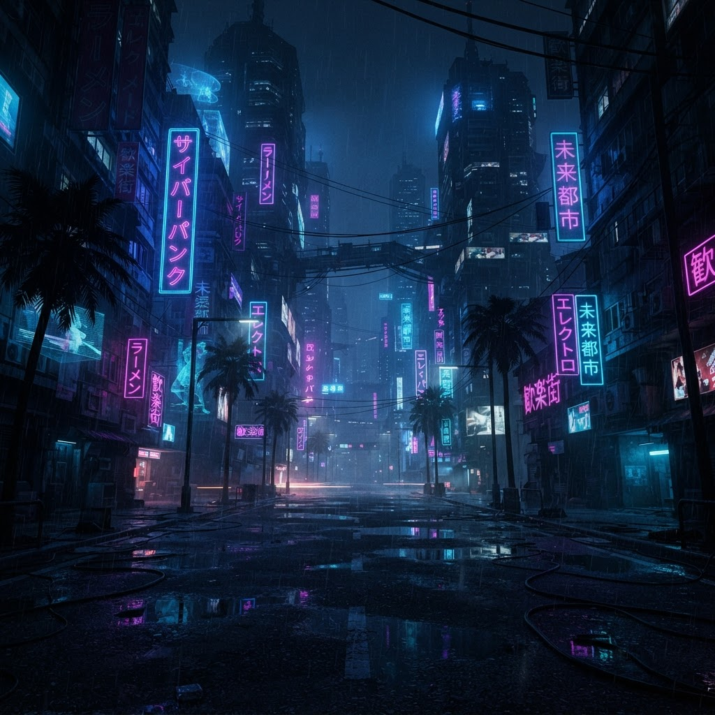 Rainy neon cyberpunk city street at night